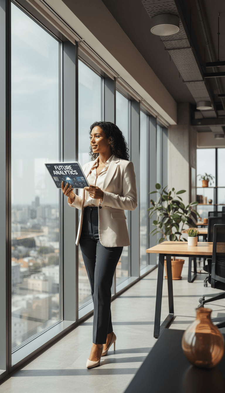 Professional woman in business casual attire holding tablet, standing confidently near office window with city view